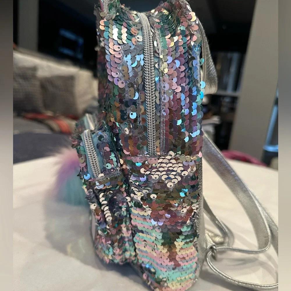 Justice Small Silver Sequin Backpack with Pom Pom Initial (Letter N)